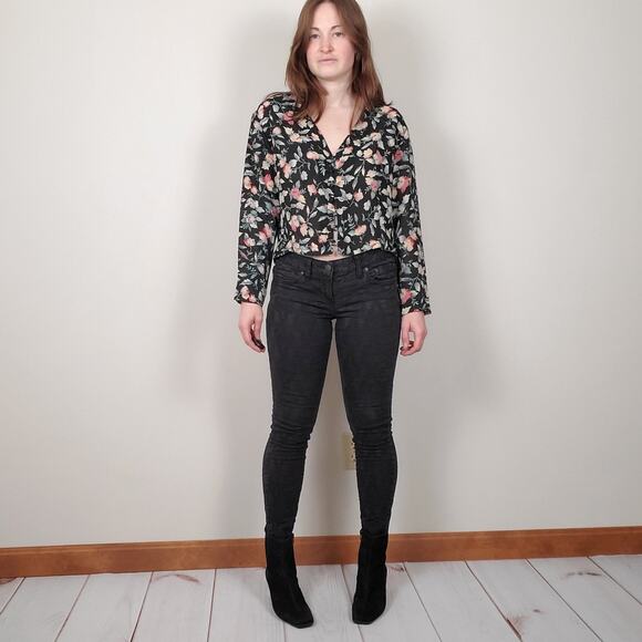 Vintage 80s 90s Floral Blouse Black Large - Picture 1 of 11